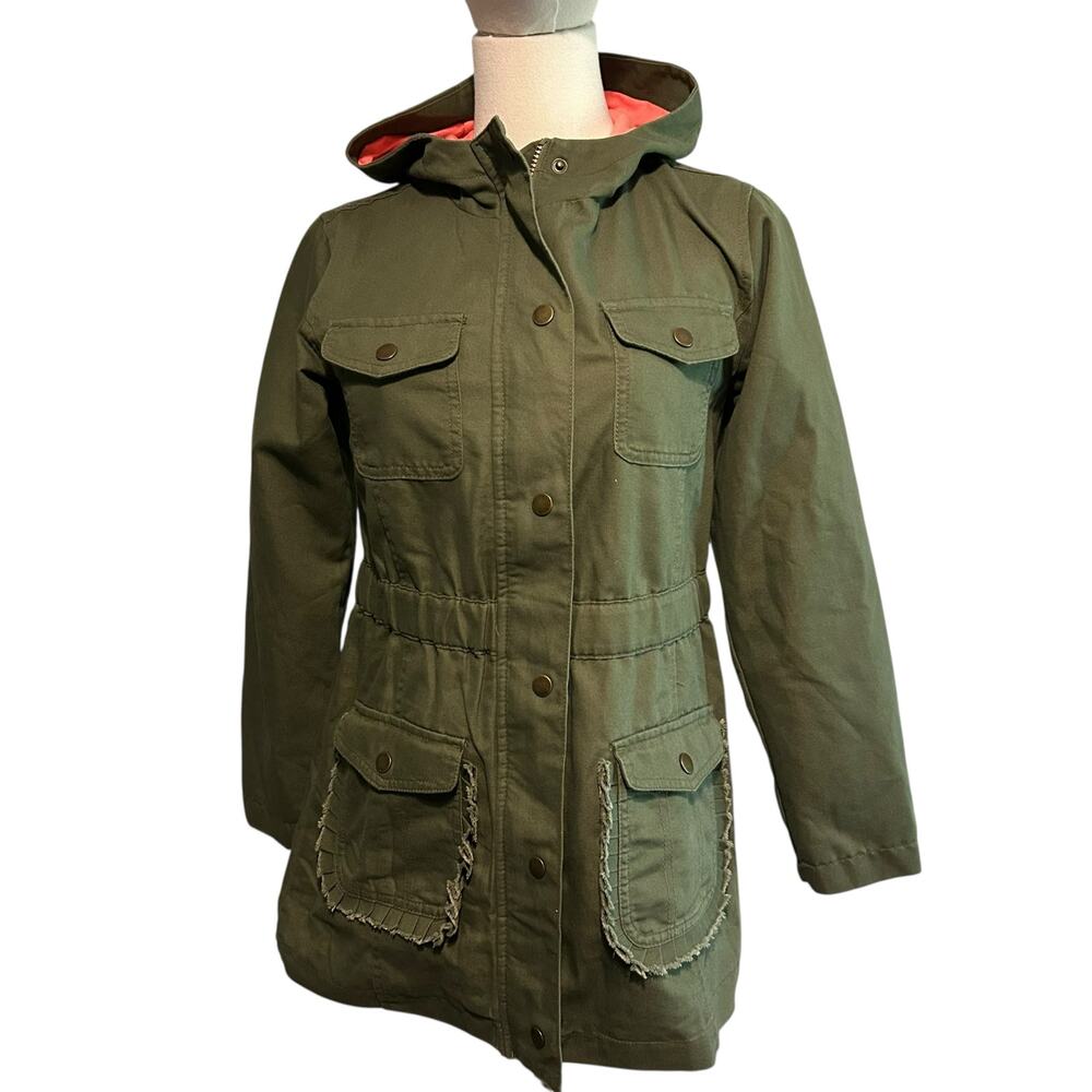 Cat & Jack Kids Jacket SZ L 10-12 Khaki Green Long Sleeve Lined Hooded  Utility